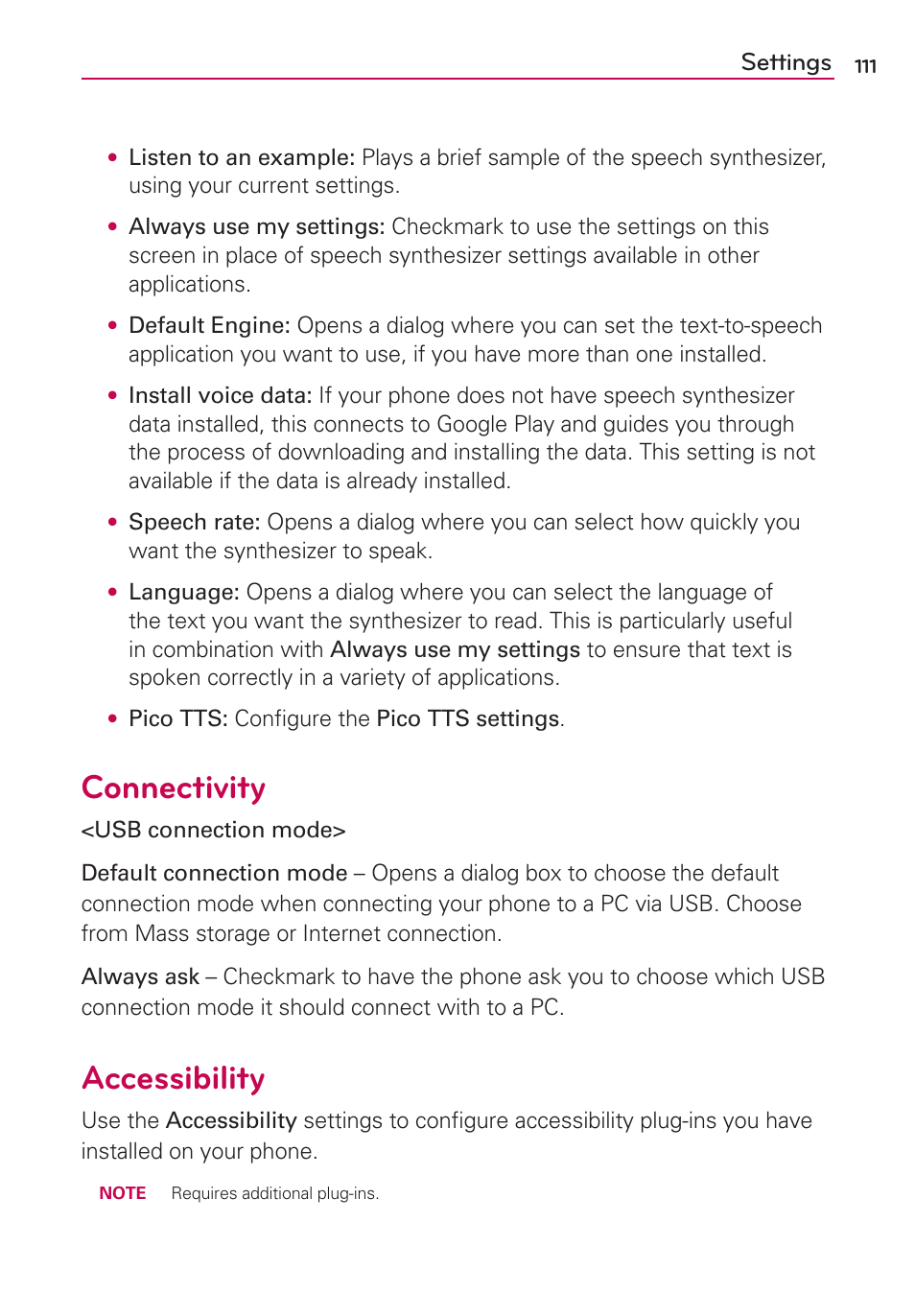 Connectivity, Accessibility, Settings | LG AS695 User Manual | Page 113 / 300