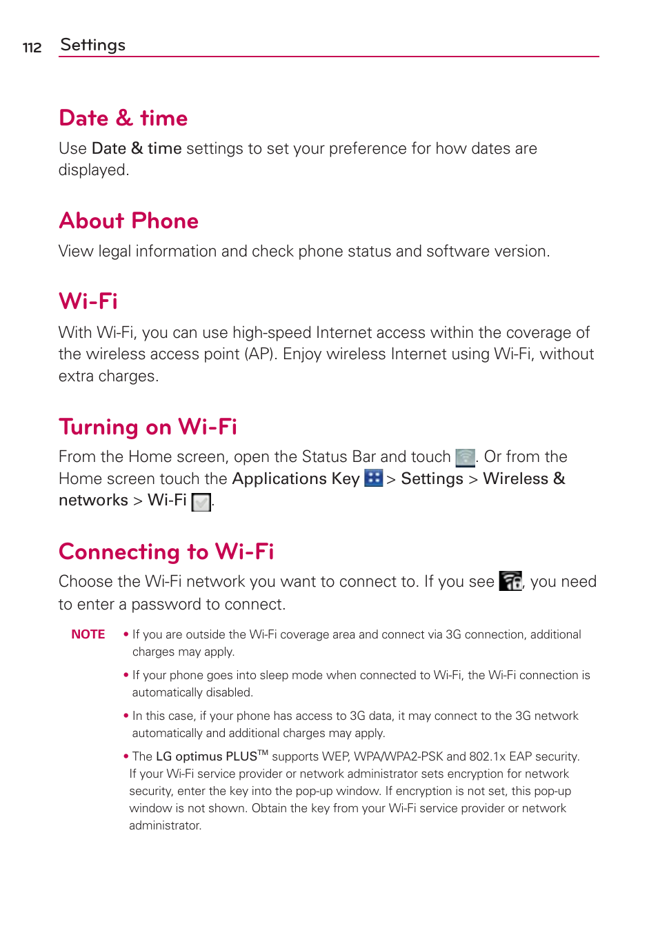 Date & time, About phone, Wi-fi | Turning on wi-fi, Connecting to wi-fi, Settings | LG AS695 User Manual | Page 114 / 300