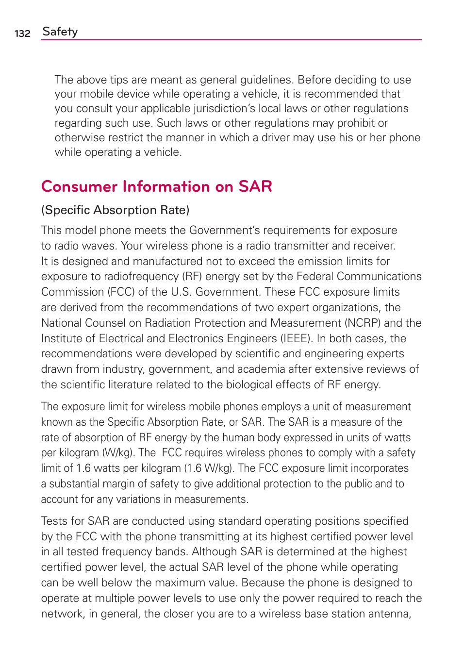 Consumer information on sar | LG AS695 User Manual | Page 134 / 300