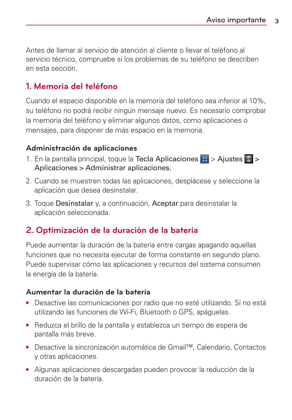 Optimización de la duración de la batería, Aviso importante, Administración de aplicaciones | Aumentar la duración de la batería | LG AS695 User Manual | Page 147 / 300