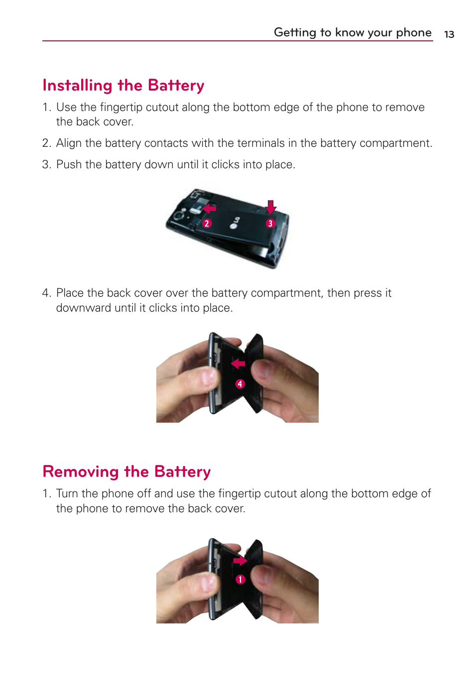 Installing the battery, Removing the battery | LG AS695 User Manual | Page 15 / 300