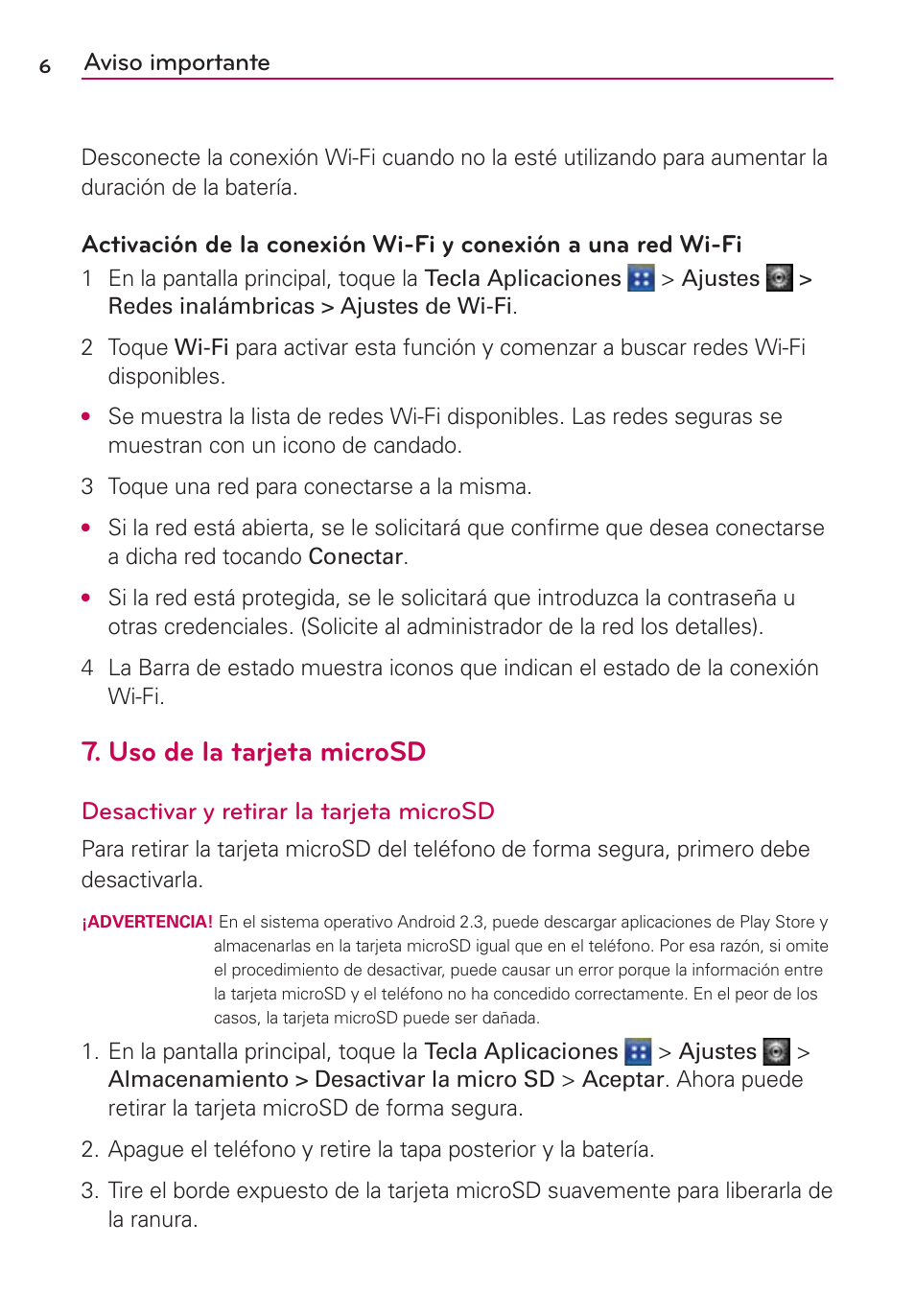 Uso de la tarjeta microsd, Aviso importante, Desactivar y retirar la tarjeta microsd | LG AS695 User Manual | Page 150 / 300