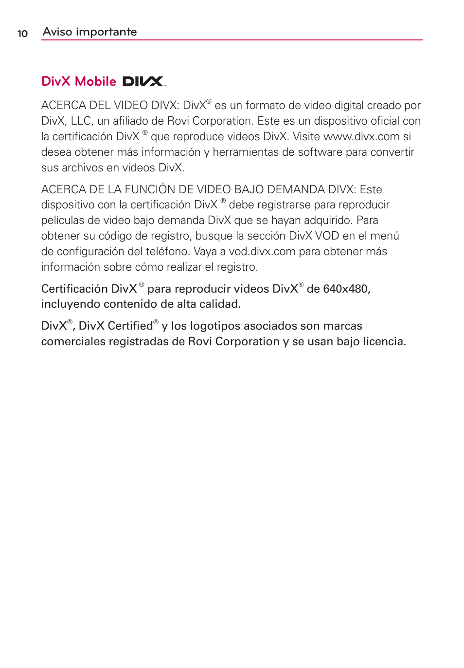 Divx mobile, Aviso importante | LG AS695 User Manual | Page 154 / 300