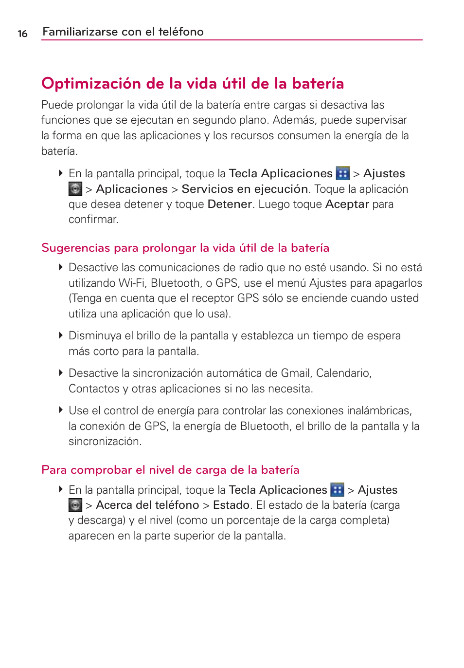 Optimización de la vida útil de la batería | LG AS695 User Manual | Page 160 / 300