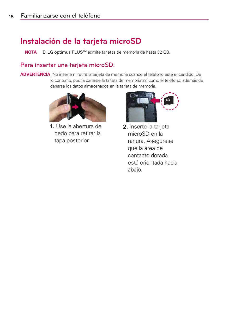 Instalación de la tarjeta microsd, Familiarizarse con el teléfono, Para insertar una tarjeta microsd | LG AS695 User Manual | Page 162 / 300
