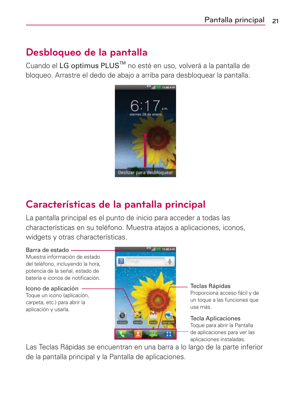 Desbloqueo de la pantalla, Características de la pantalla principal, Pantalla principal | LG AS695 User Manual | Page 165 / 300