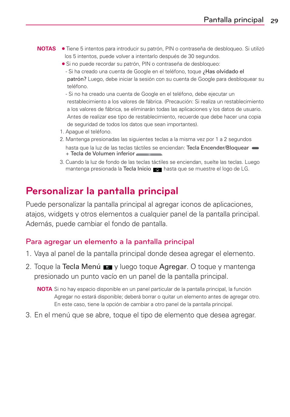 Personalizar la pantalla principal, Pantalla principal, Para agregar un elemento a la pantalla principal | LG AS695 User Manual | Page 173 / 300