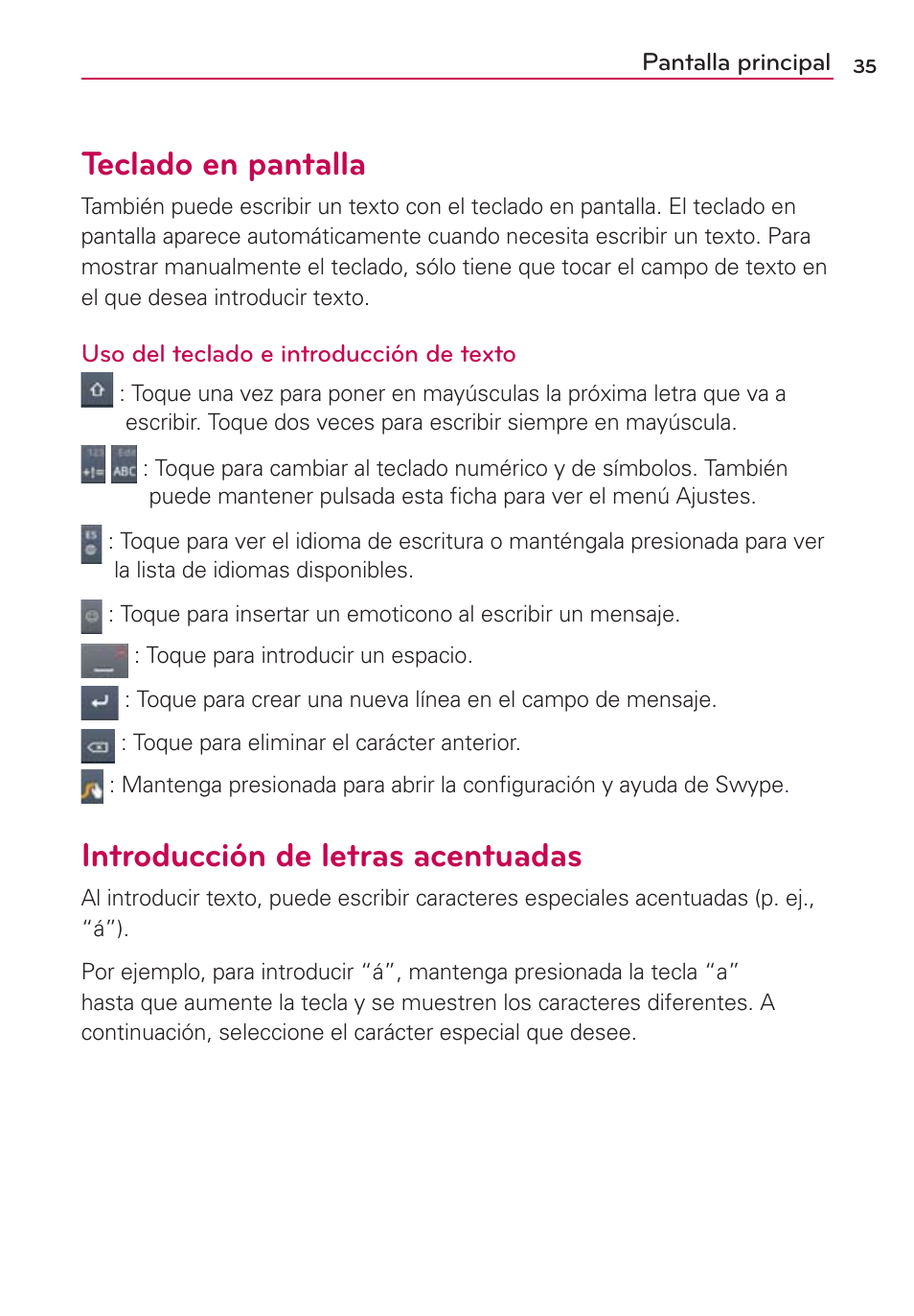 Teclado en pantalla, Introducción de letras acentuadas | LG AS695 User Manual | Page 179 / 300