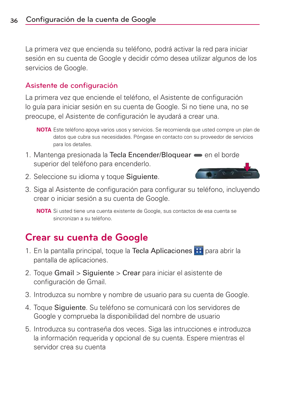 Crear su cuenta de google, Conﬁguración de la cuenta de google, Asistente de conﬁguración | LG AS695 User Manual | Page 180 / 300