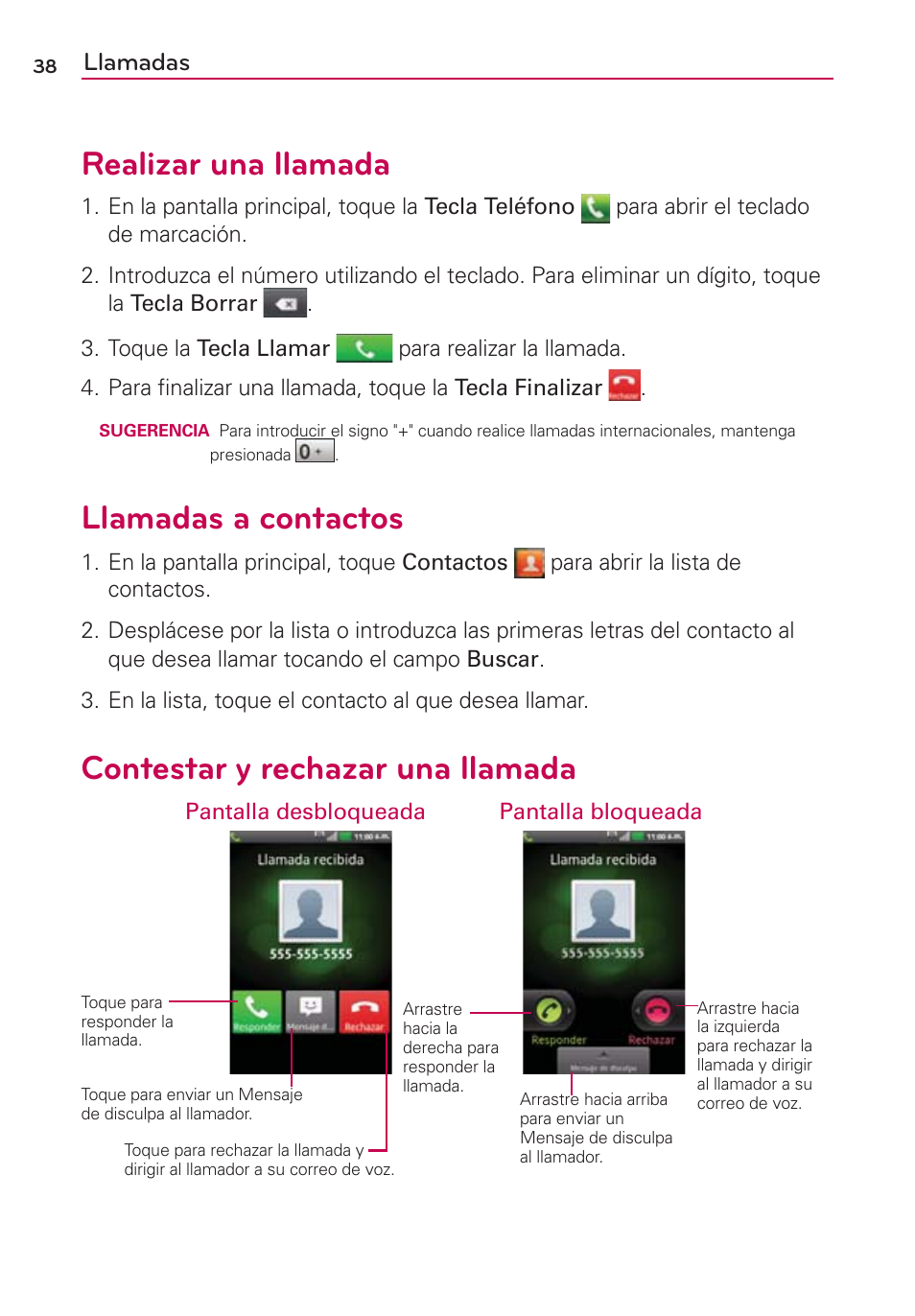 Realizar una llamada, Llamadas a contactos, Contestar y rechazar una llamada | Llamadas | LG AS695 User Manual | Page 182 / 300