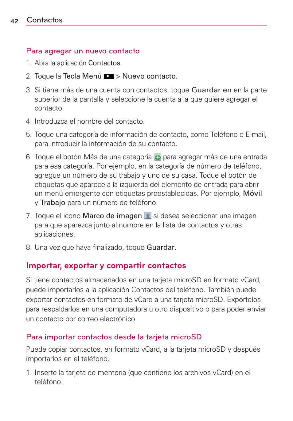 Importar, exportar y compartir contactos | LG AS695 User Manual | Page 186 / 300