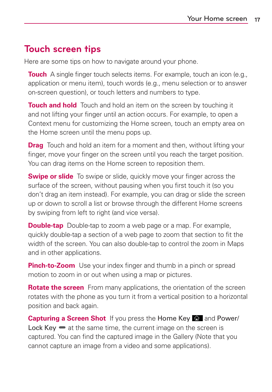 Touch screen tips | LG AS695 User Manual | Page 19 / 300