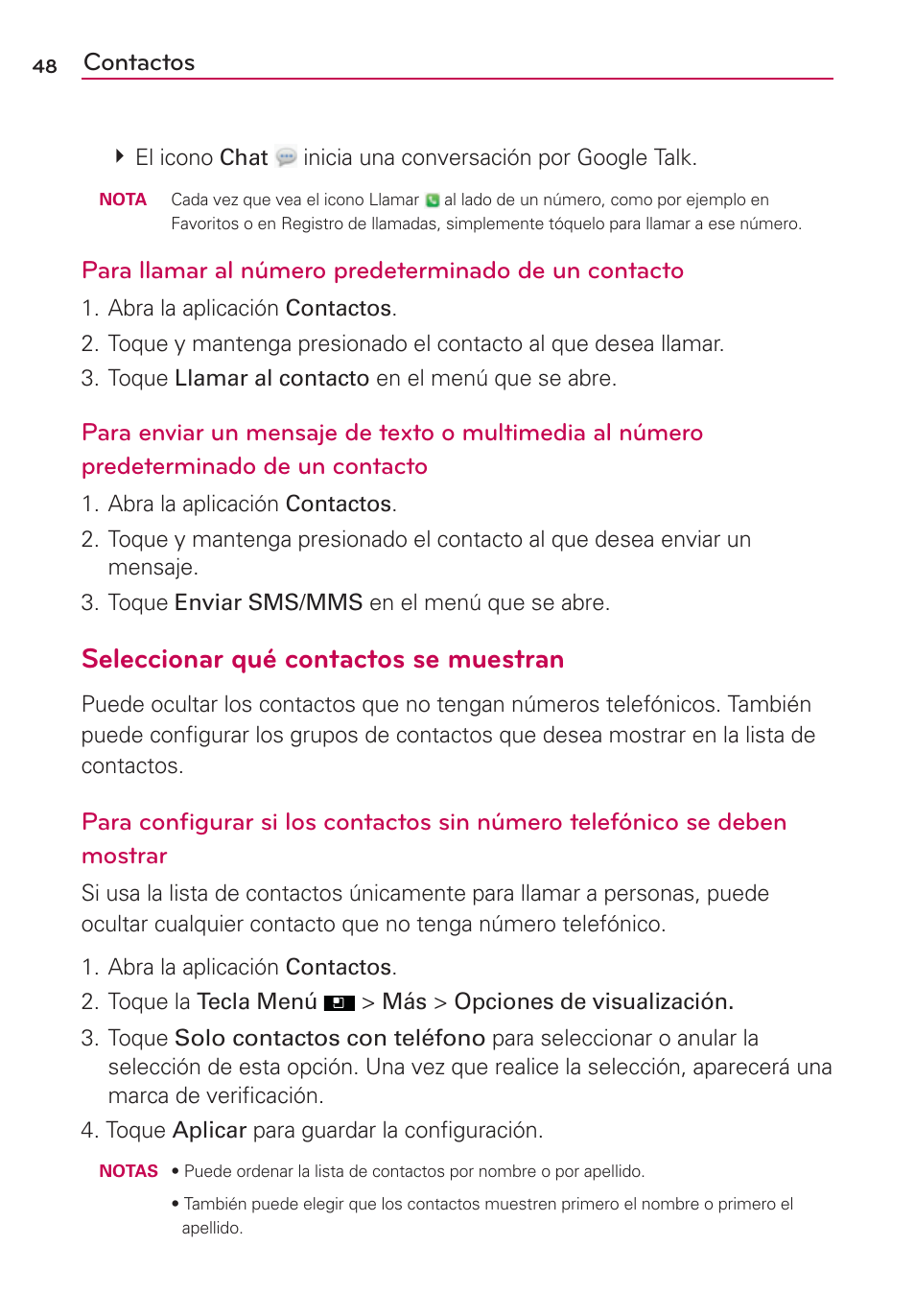 Seleccionar qué contactos se muestran, Contactos | LG AS695 User Manual | Page 192 / 300