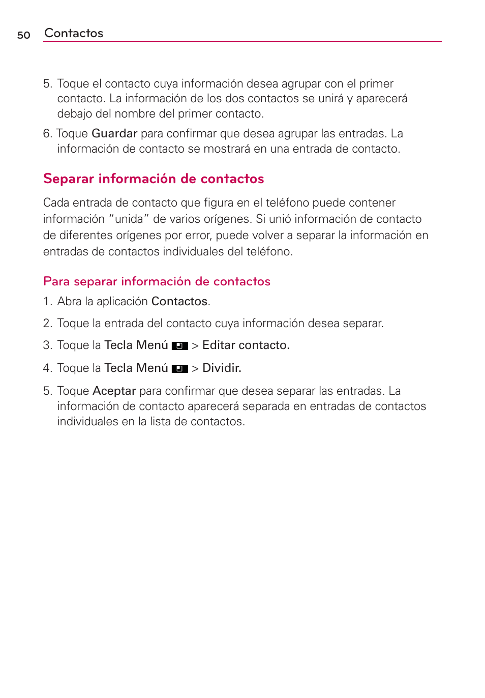 Separar información de contactos | LG AS695 User Manual | Page 194 / 300