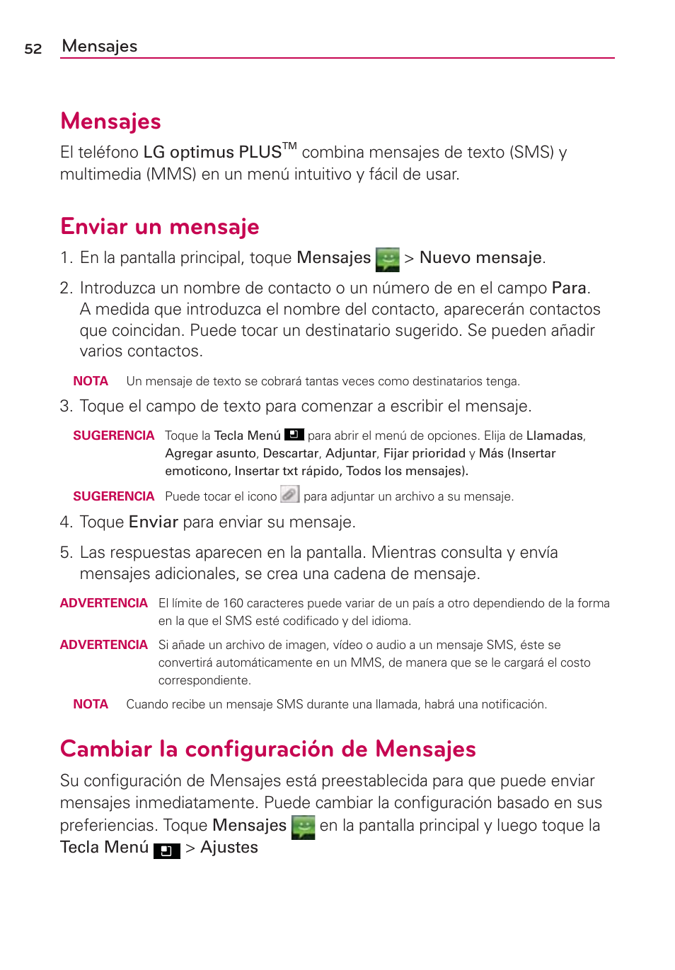 Enviar un mensaje, Cambiar la conﬁguración de mensajes, Mensajes | LG AS695 User Manual | Page 196 / 300