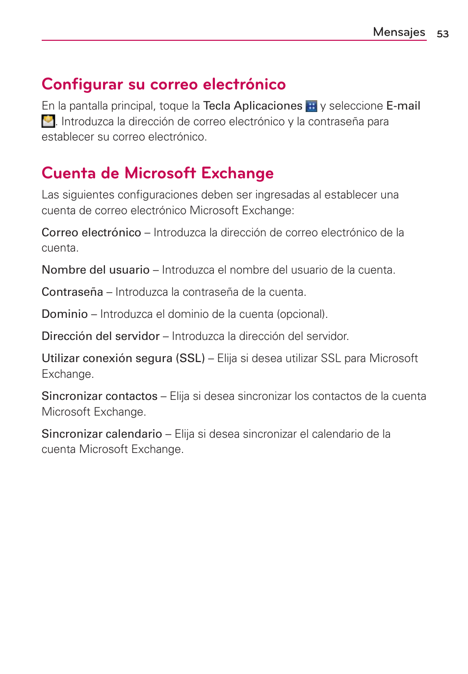 Conﬁgurar su correo electrónico, Cuenta de microsoft exchange | LG AS695 User Manual | Page 197 / 300