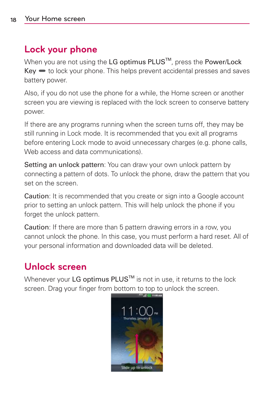 Lock your phone, Unlock screen | LG AS695 User Manual | Page 20 / 300