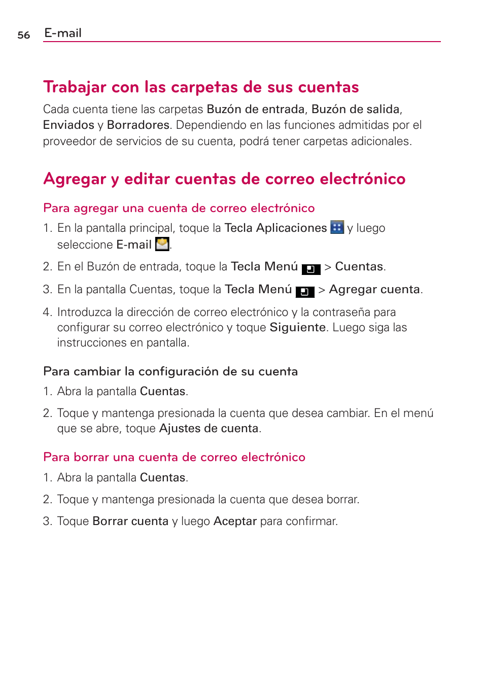 Trabajar con las carpetas de sus cuentas, Agregar y editar cuentas de correo electrónico | LG AS695 User Manual | Page 200 / 300