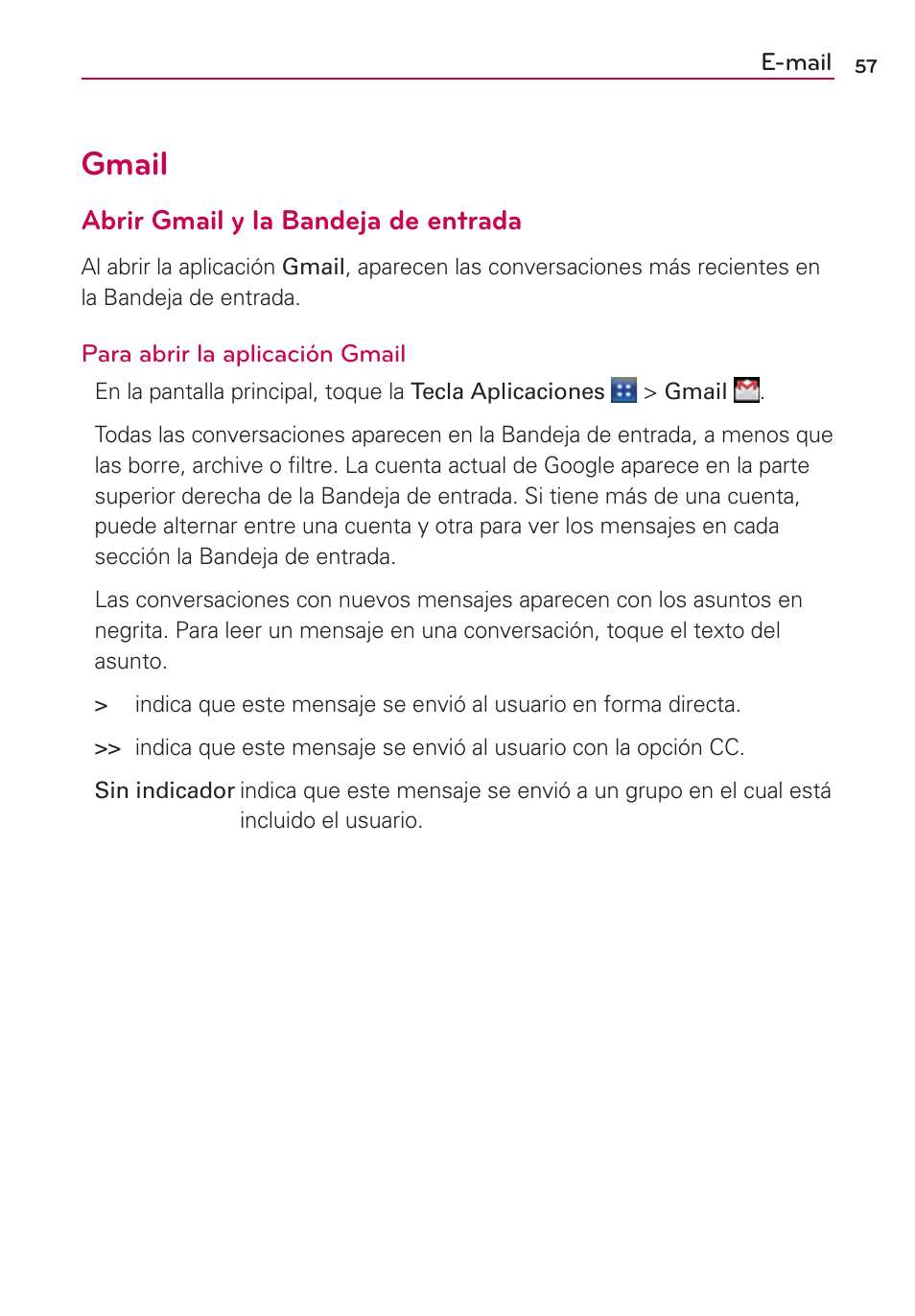 Gmail, Abrir gmail y la bandeja de entrada | LG AS695 User Manual | Page 201 / 300