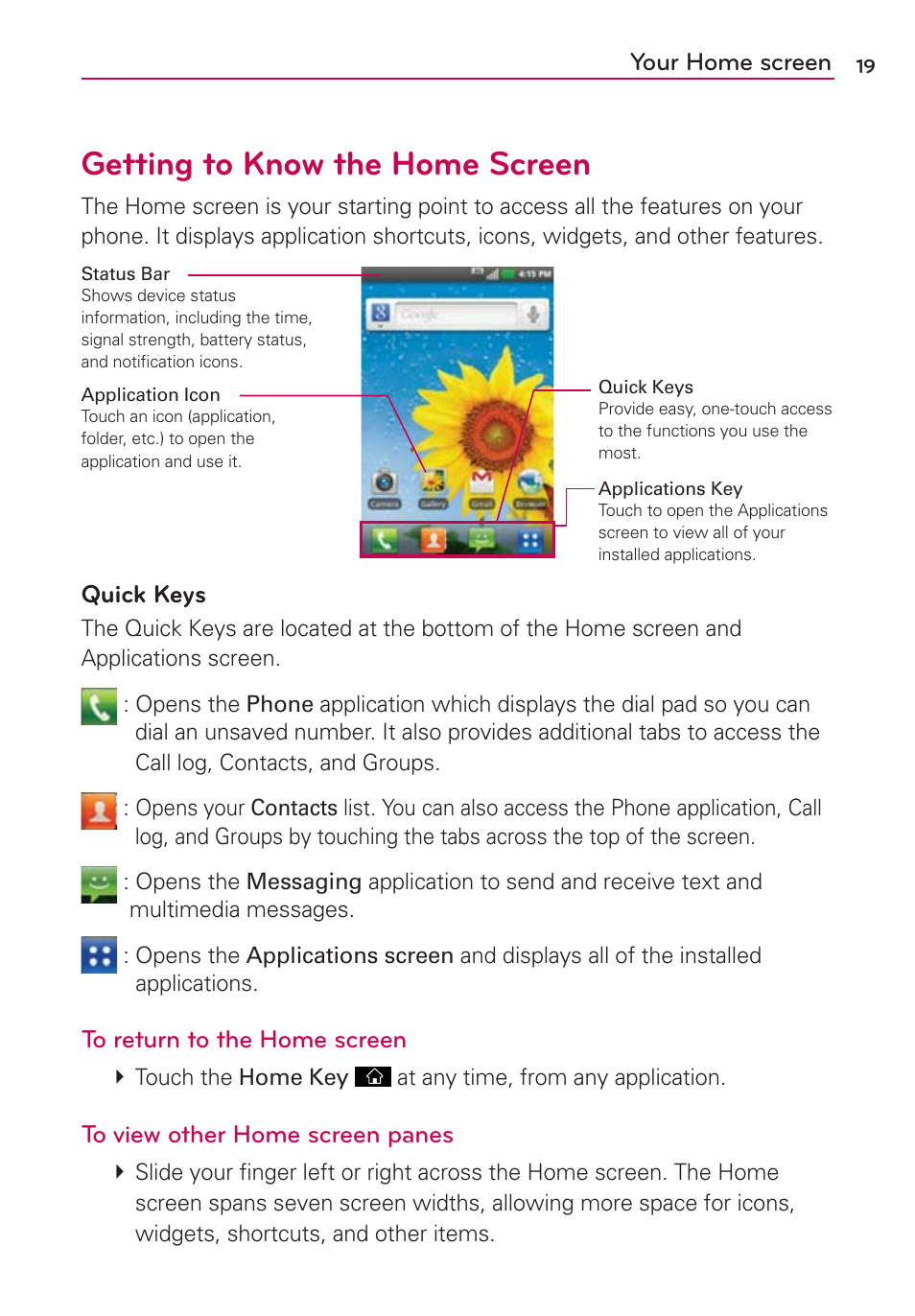 Getting to know the home screen, Quick keys, Your home screen | LG AS695 User Manual | Page 21 / 300