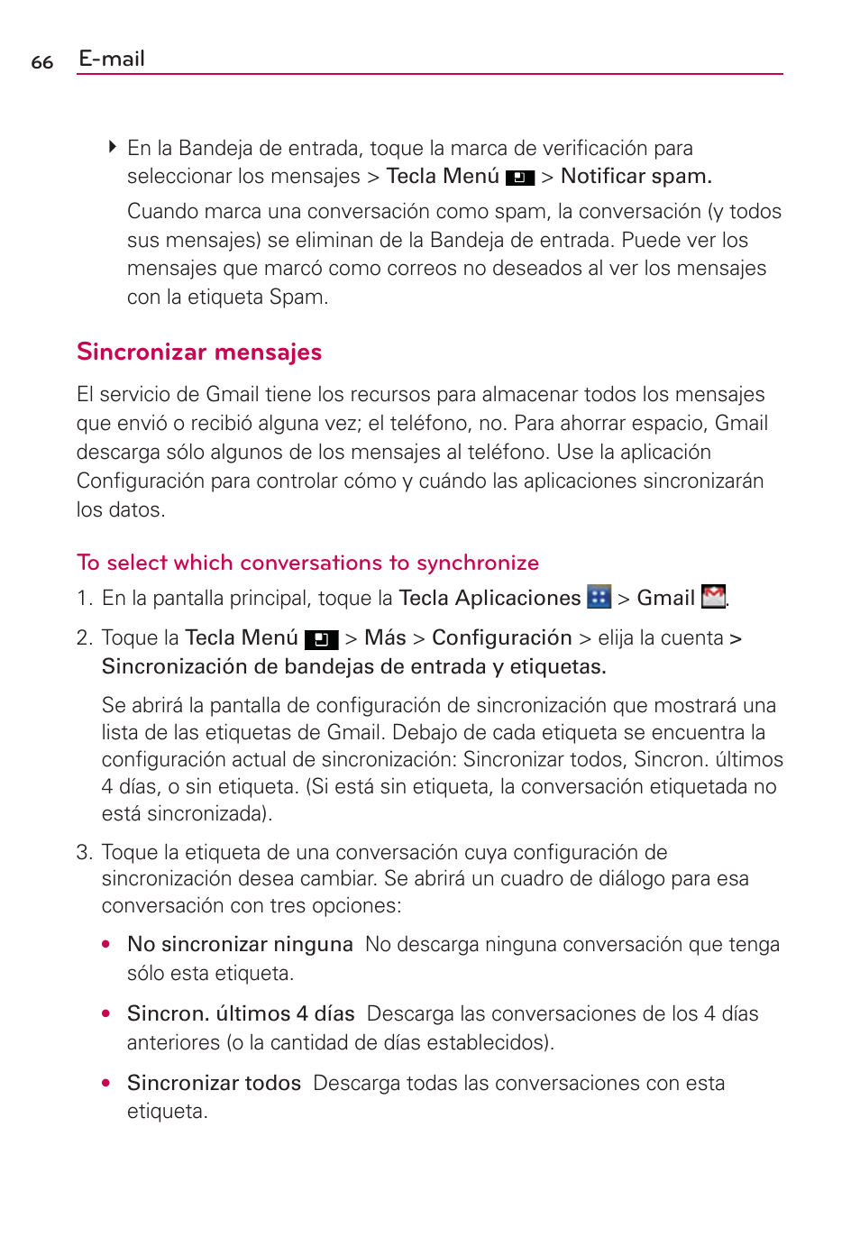 Sincronizar mensajes, E-mail | LG AS695 User Manual | Page 210 / 300