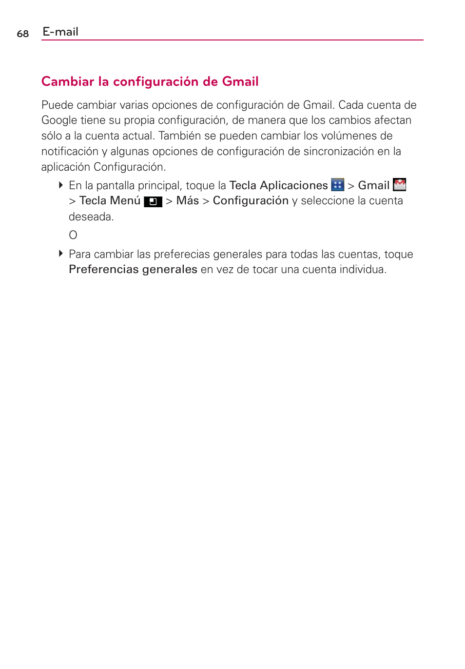 Cambiar la conﬁguración de gmail | LG AS695 User Manual | Page 212 / 300