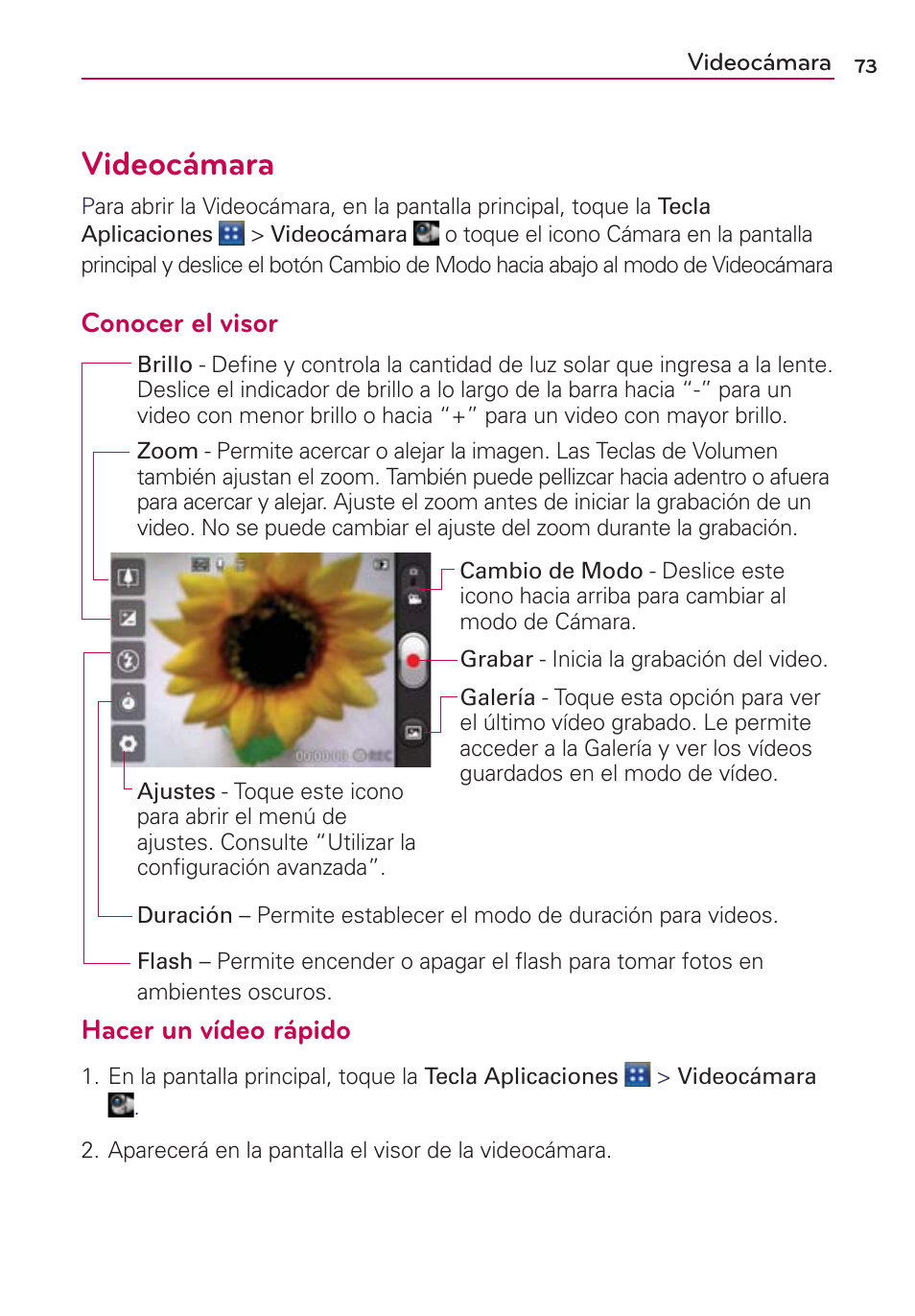 Videocámara, Conocer el visor hacer un vídeo rápido | LG AS695 User Manual | Page 217 / 300