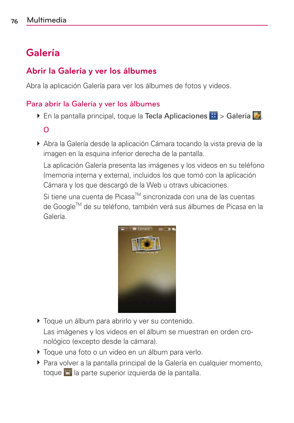 Galería, Abrir la galería y ver los álbumes | LG AS695 User Manual | Page 220 / 300