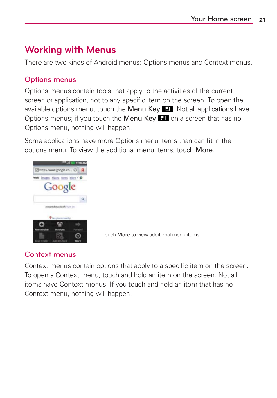 Working with menus | LG AS695 User Manual | Page 23 / 300