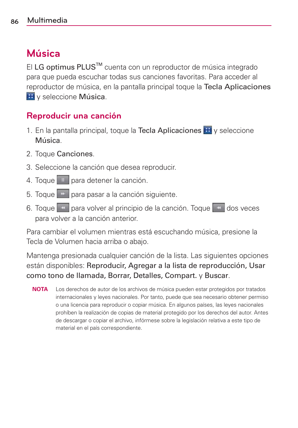 Música, Reproducir una canción, Multimedia | LG AS695 User Manual | Page 230 / 300