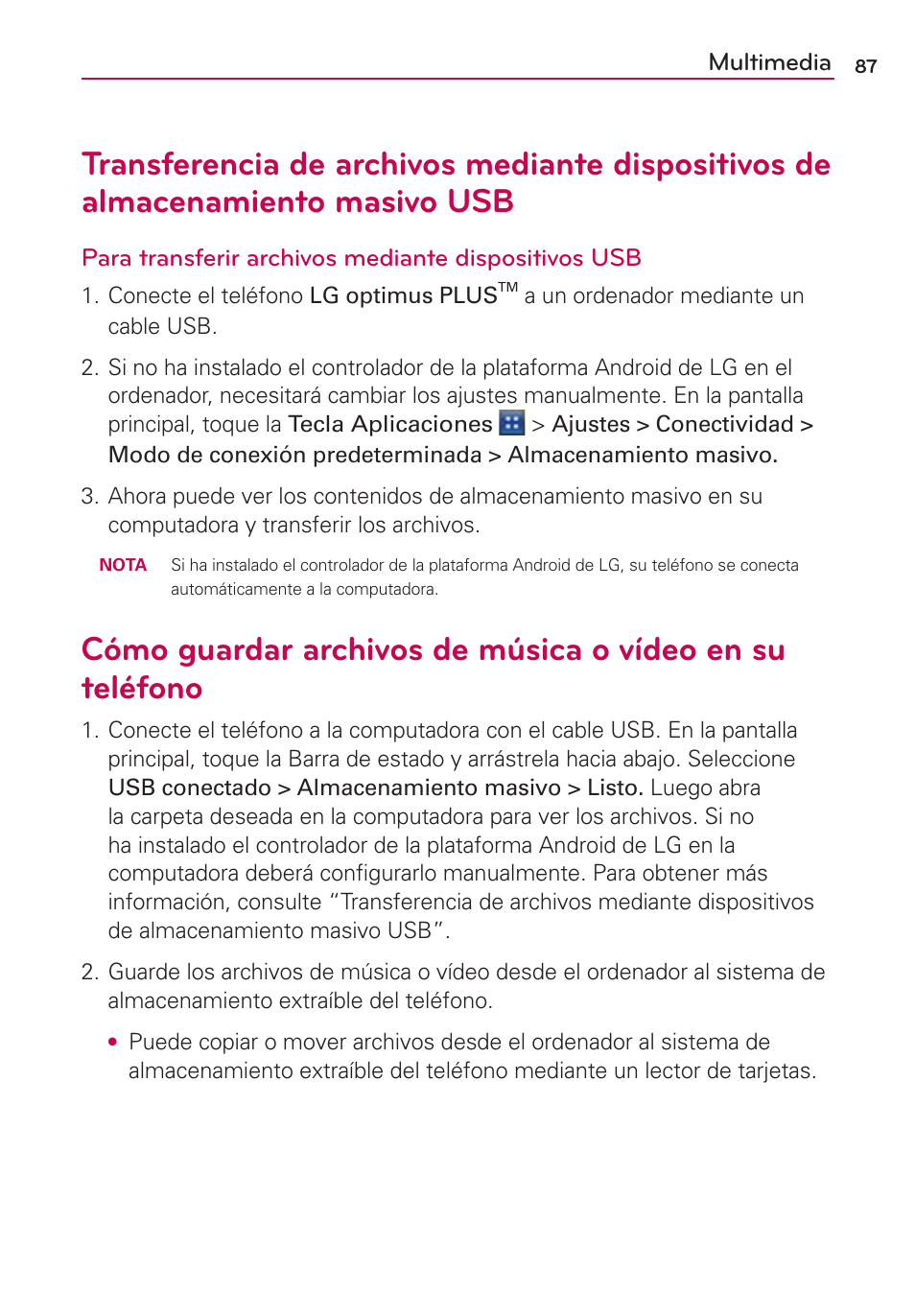 Multimedia, Para transferir archivos mediante dispositivos usb | LG AS695 User Manual | Page 231 / 300