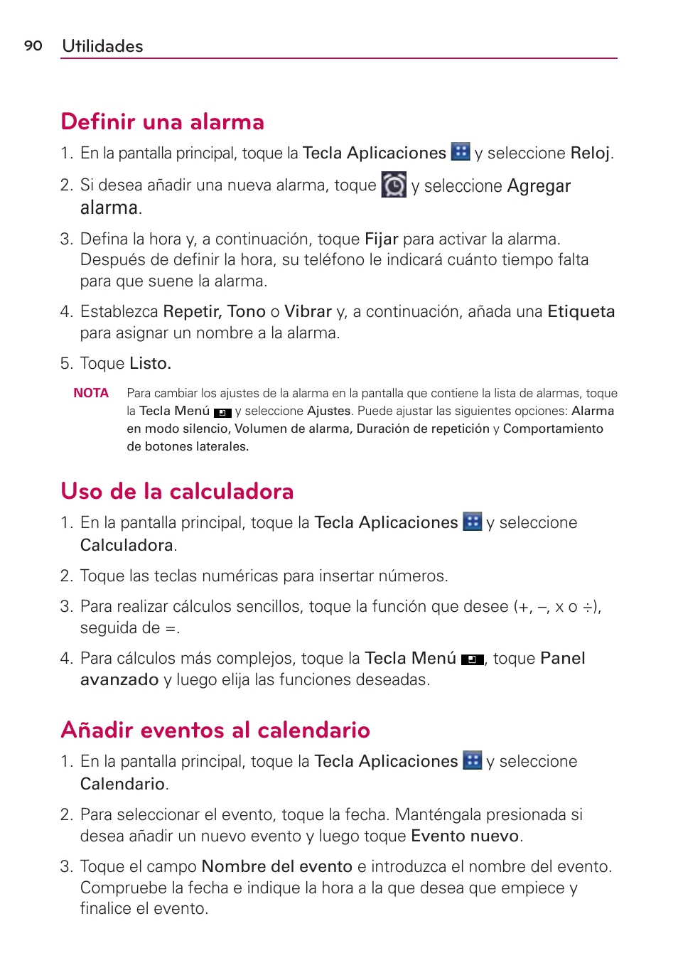 Deﬁnir una alarma, Uso de la calculadora, Añadir eventos al calendario | Alarma | LG AS695 User Manual | Page 234 / 300