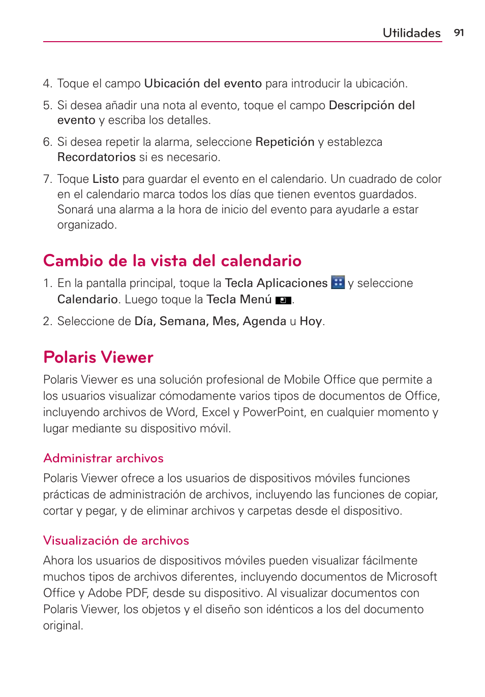 Cambio de la vista del calendario, Polaris viewer | LG AS695 User Manual | Page 235 / 300