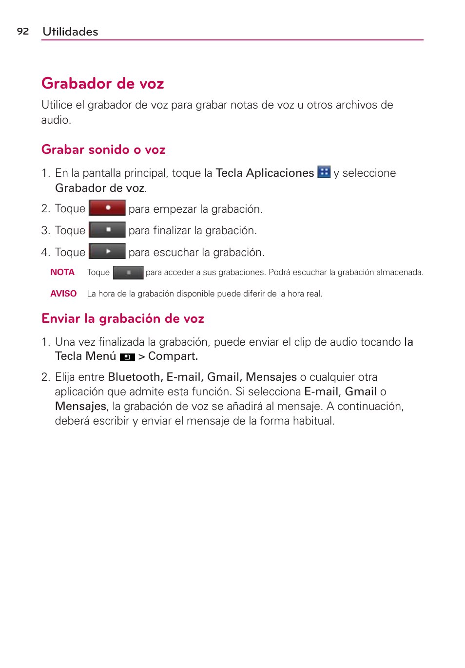 Grabador de voz, Grabar sonido o voz, Enviar la grabación de voz | LG AS695 User Manual | Page 236 / 300