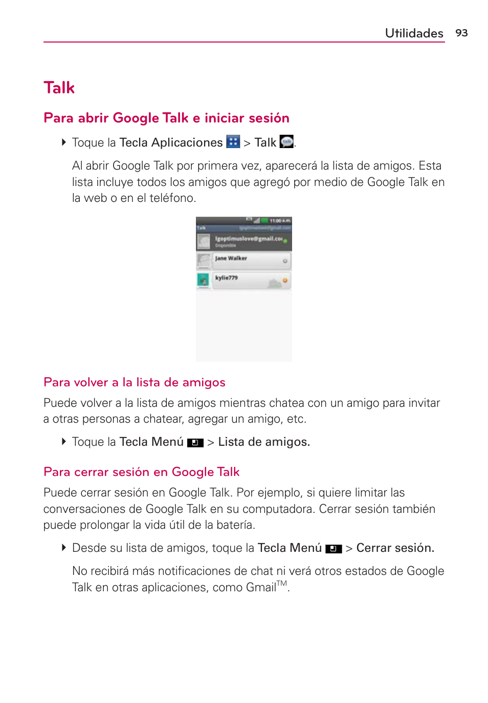 Talk, Para abrir google talk e iniciar sesión | LG AS695 User Manual | Page 237 / 300