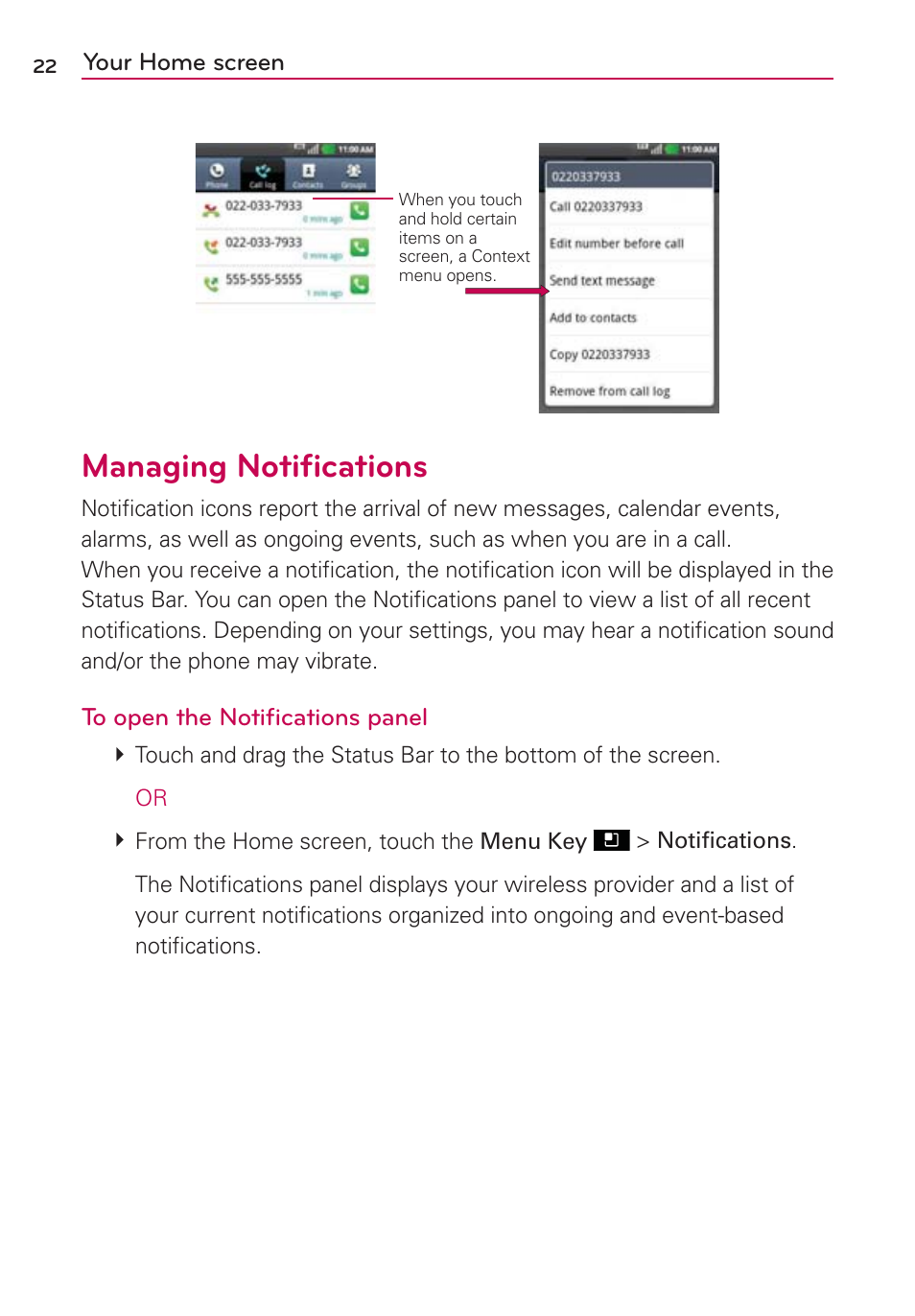 Managing notiﬁcations | LG AS695 User Manual | Page 24 / 300