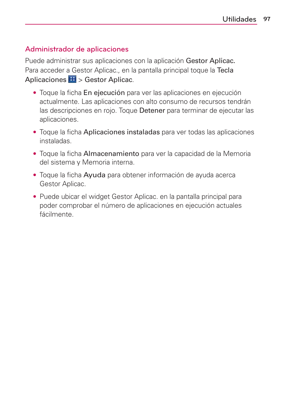 Utilidades administrador de aplicaciones | LG AS695 User Manual | Page 241 / 300