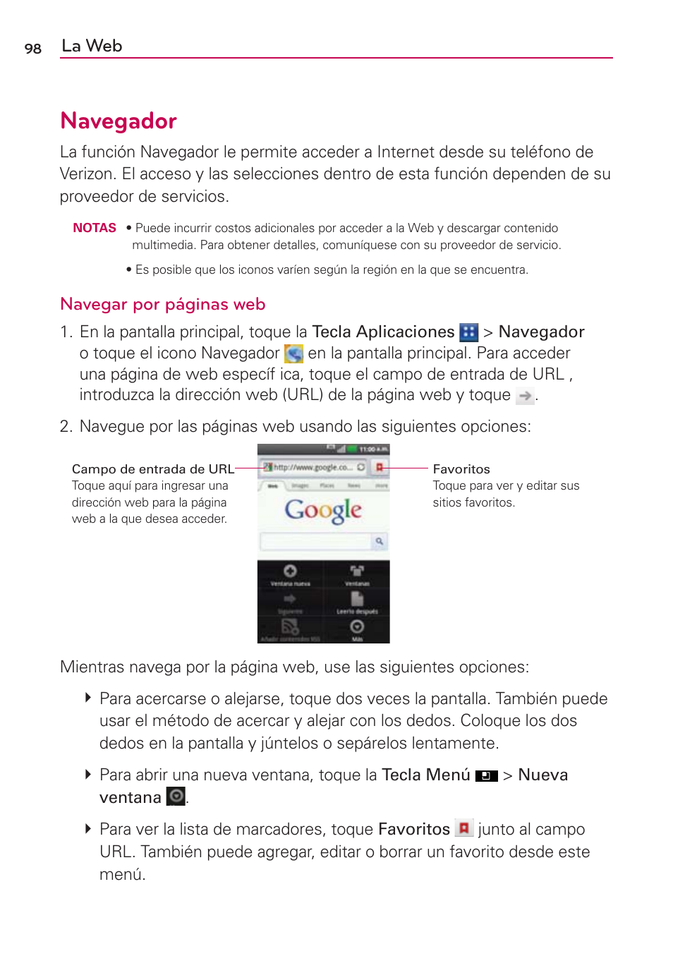 Navegador, La web, Navegar por páginas web | LG AS695 User Manual | Page 242 / 300