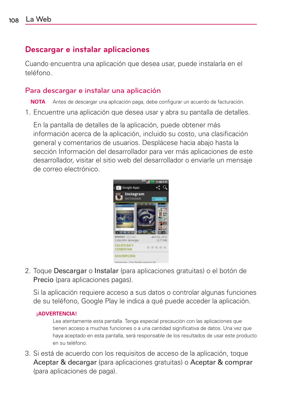 Descargar e instalar aplicaciones, La web, Para descargar e instalar una aplicación | LG AS695 User Manual | Page 252 / 300