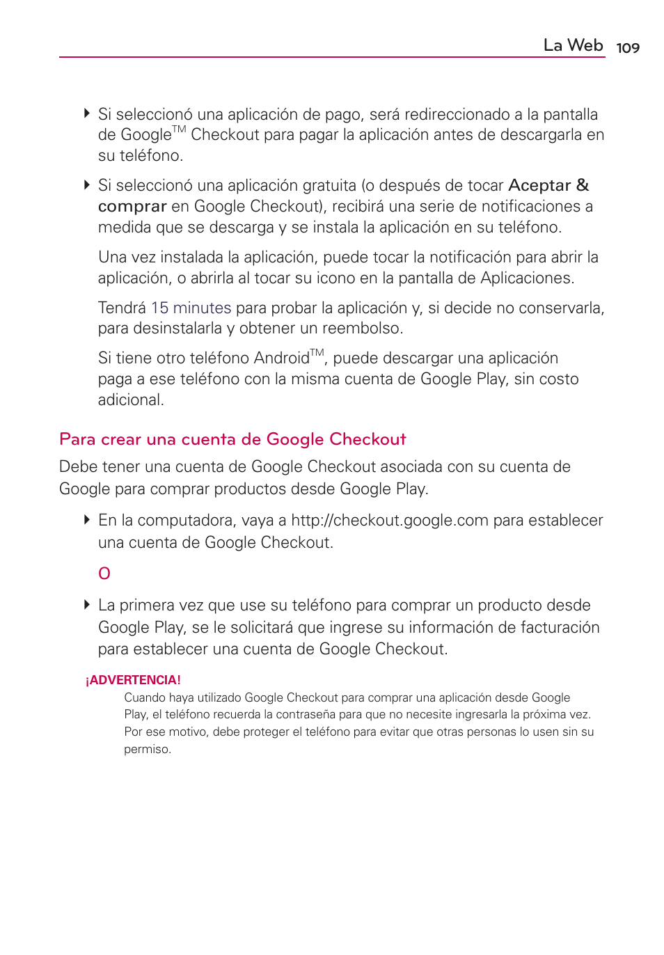 La web, Para crear una cuenta de google checkout | LG AS695 User Manual | Page 253 / 300