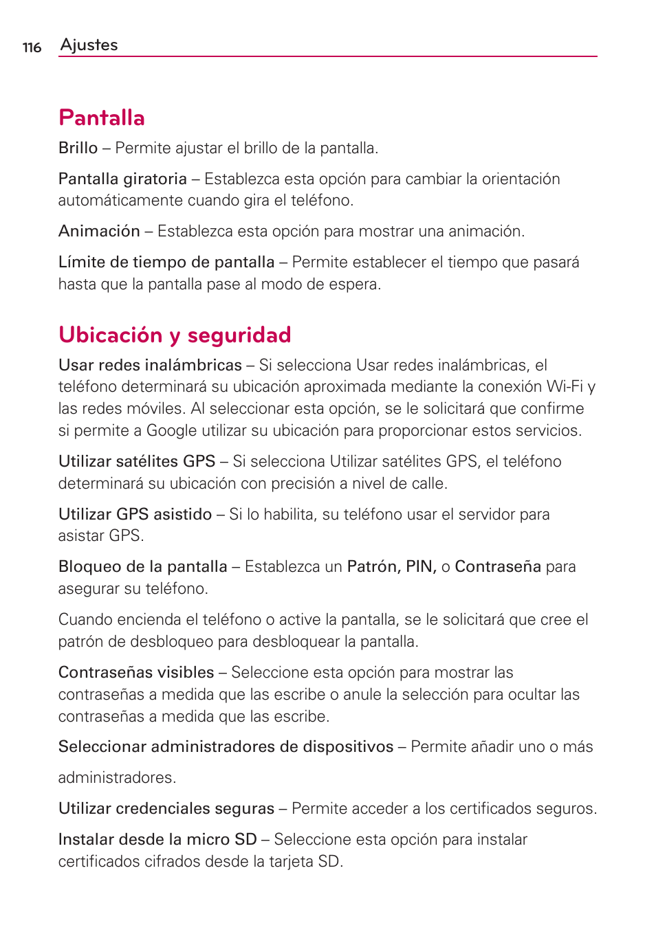 Pantalla, Ubicación y seguridad | LG AS695 User Manual | Page 260 / 300