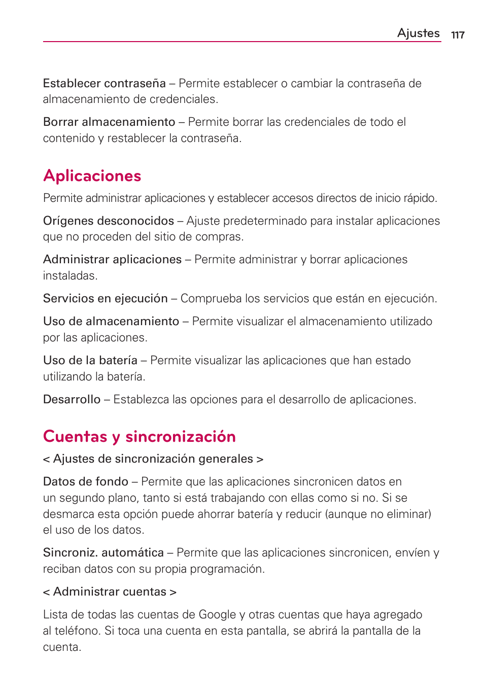 Aplicaciones, Cuentas y sincronización | LG AS695 User Manual | Page 261 / 300