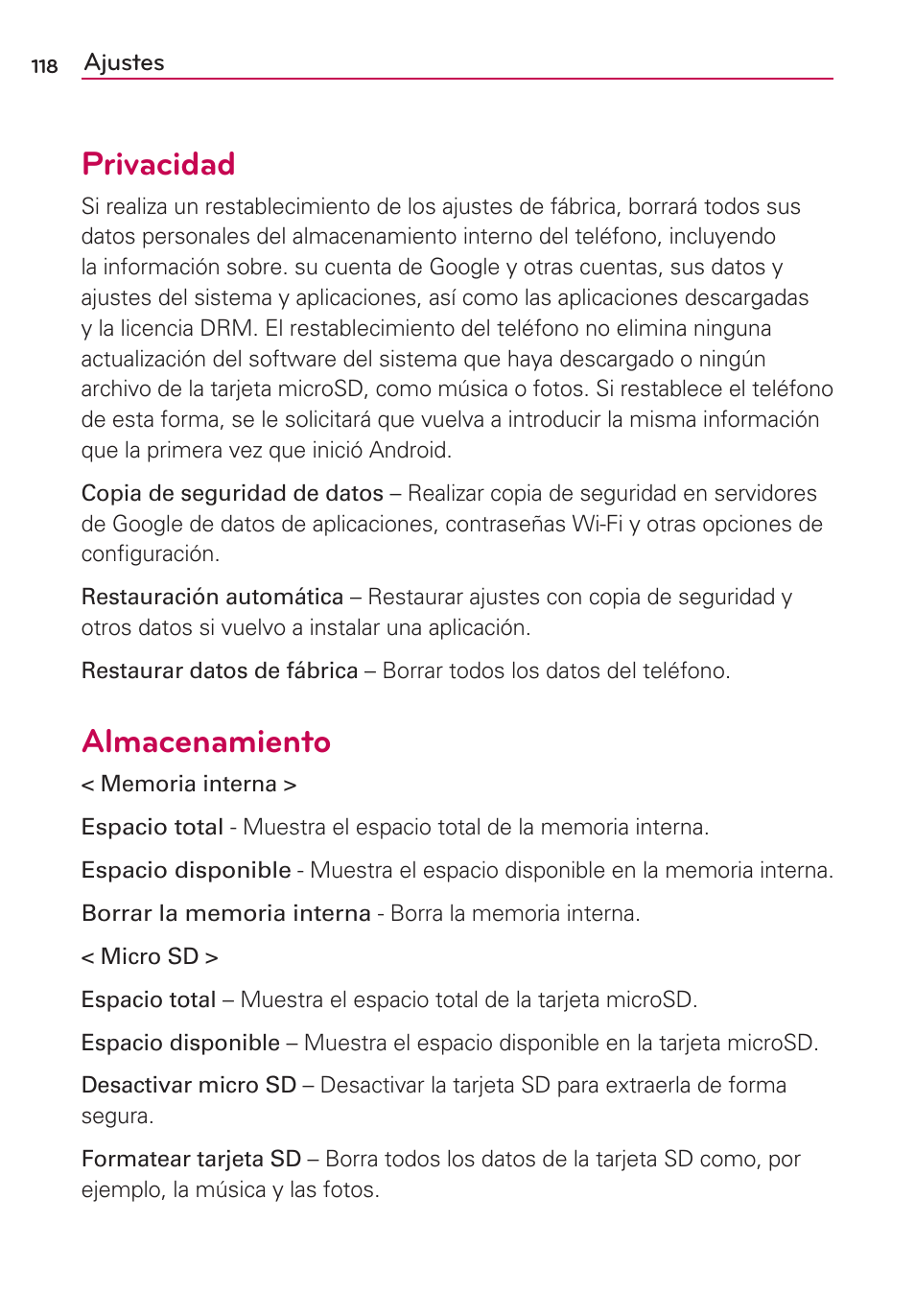 Privacidad, Almacenamiento | LG AS695 User Manual | Page 262 / 300