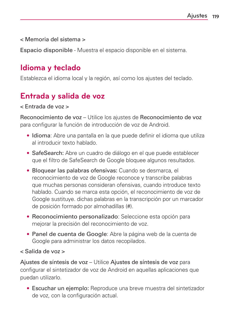 Idioma y teclado, Entrada y salida de voz, Ajustes | LG AS695 User Manual | Page 263 / 300