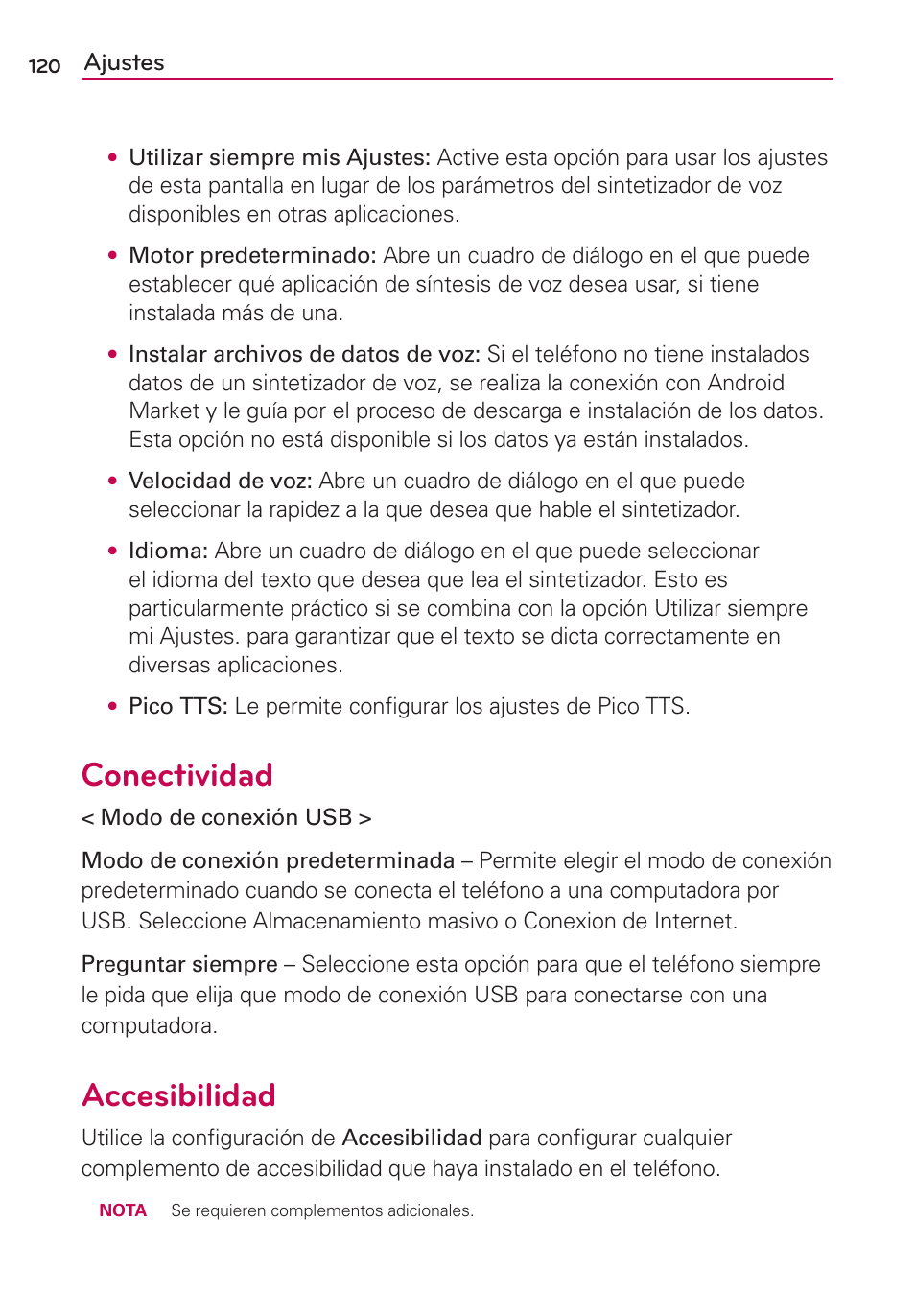 Conectividad, Accesibilidad, Ajustes | LG AS695 User Manual | Page 264 / 300