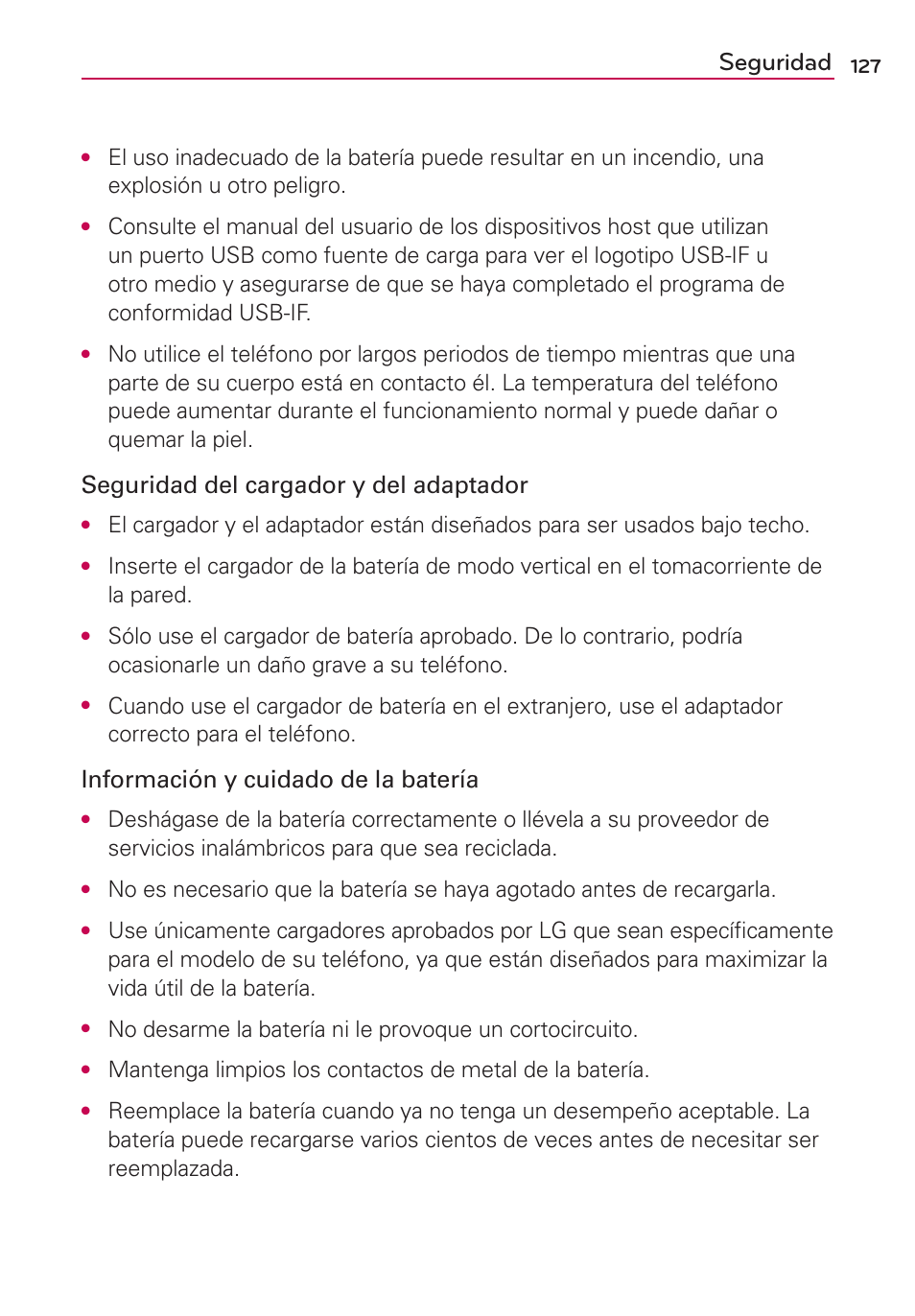 Seguridad, Seguridad del cargador y del adaptador, Información y cuidado de la batería | LG AS695 User Manual | Page 271 / 300