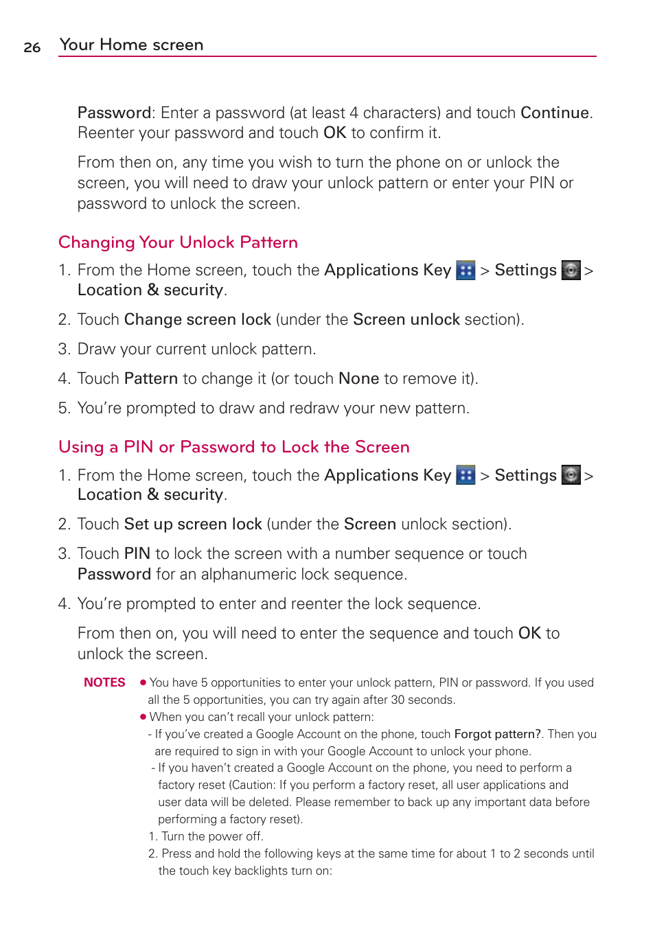 Your home screen, Changing your unlock pattern, Using a pin or password to lock the screen | LG AS695 User Manual | Page 28 / 300