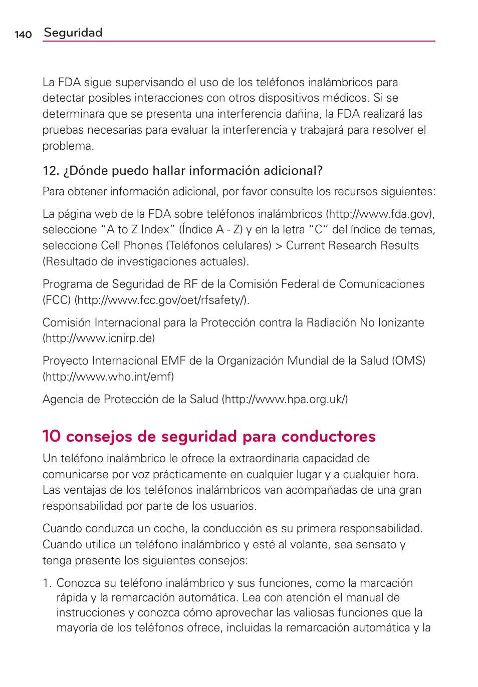 10 consejos de seguridad para conductores | LG AS695 User Manual | Page 284 / 300