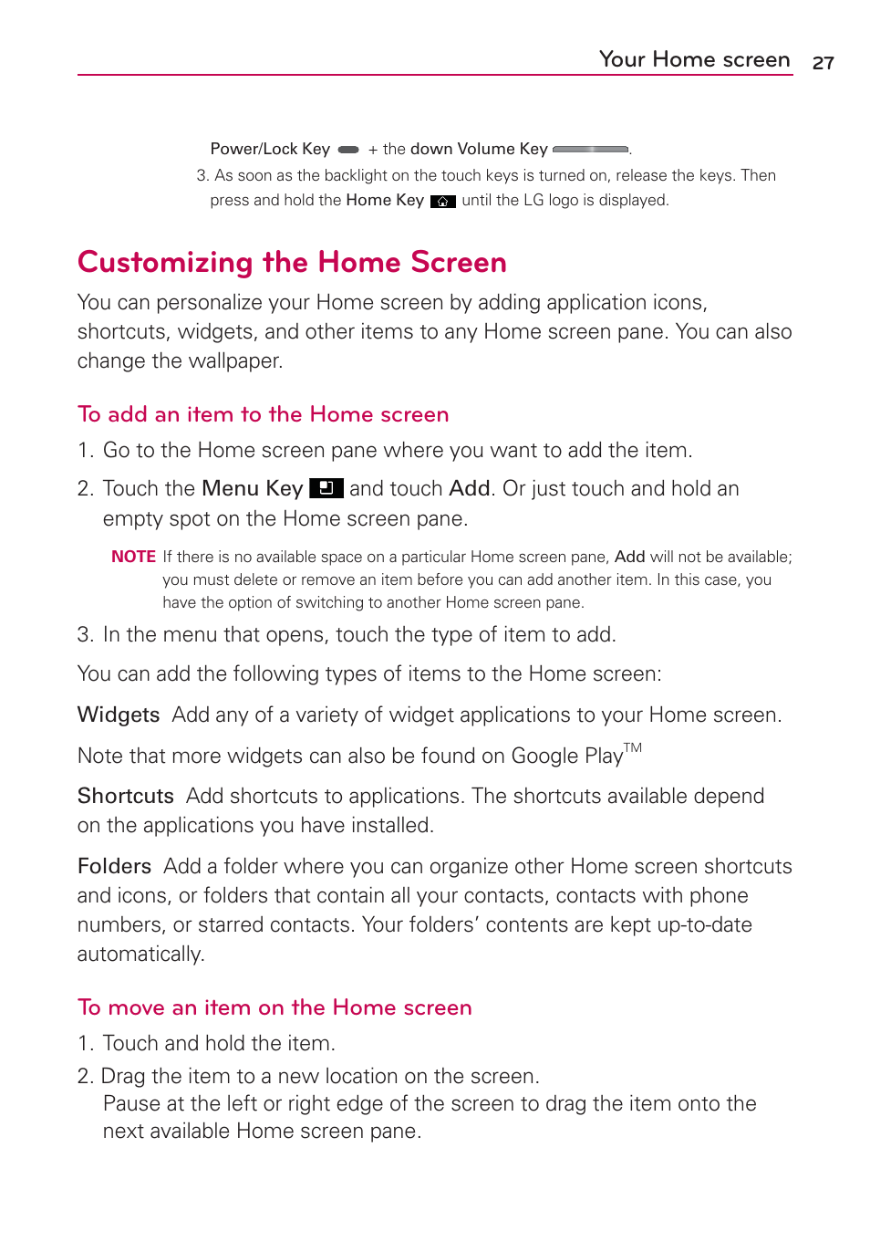 Customizing the home screen, Your home screen | LG AS695 User Manual | Page 29 / 300