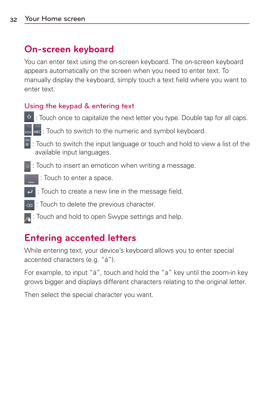 On-screen keyboard, Entering accented letters | LG AS695 User Manual | Page 34 / 300